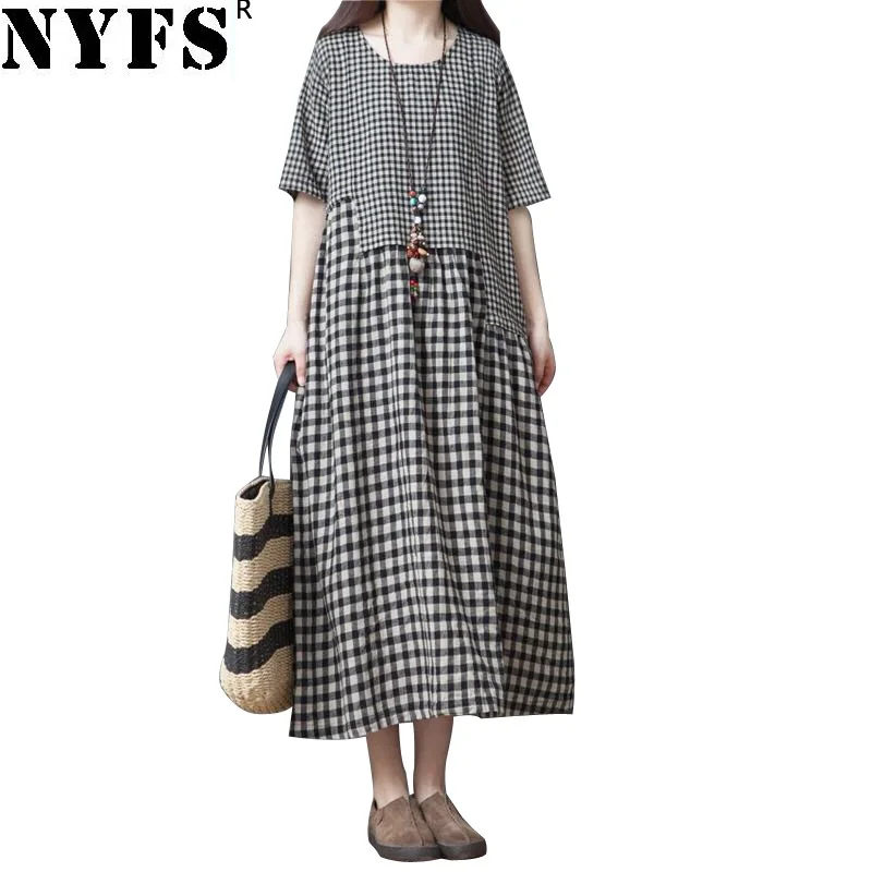 

NYFS 2019 New Summer Dress Vintage Loose Cotton Linen Stylish comfortable Plaid Long Dress Vestidos Robe