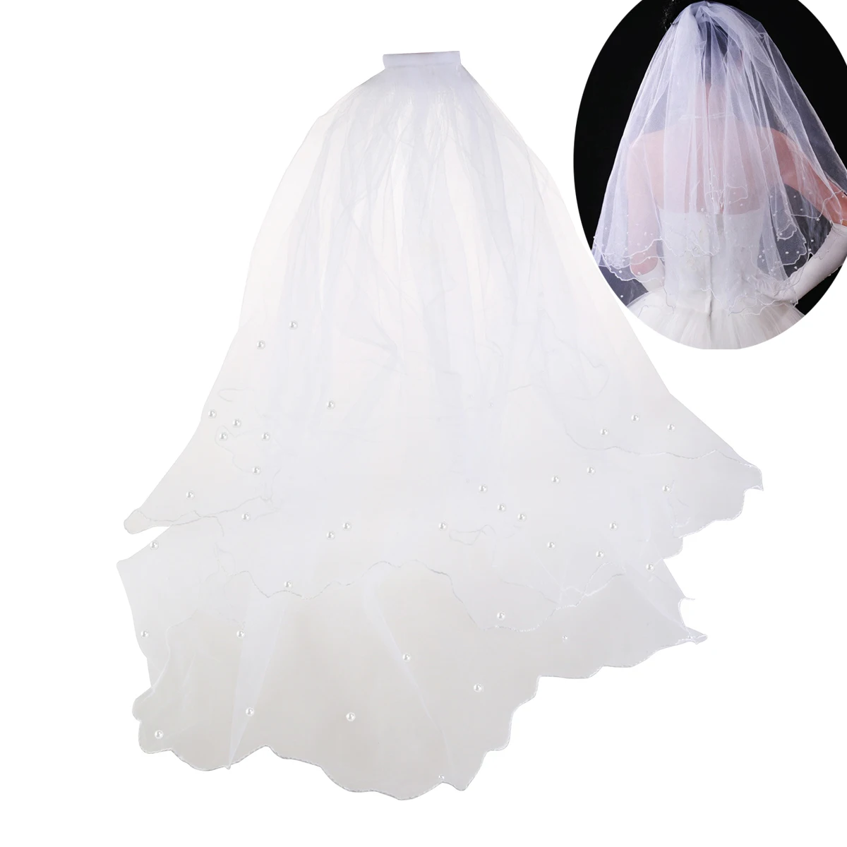 

80CM Bridal Veil Long Double Layer Pearls Beaded Wedding Bridal Veil Mantilla with Comb