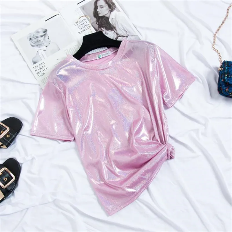 

2019 Summer women O collar Glossy short sleeve t Shirt Fashion loose tops p866
