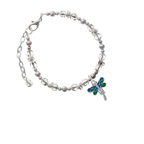 Dragonfly with Green & Blue Wings Clear Beaded Bracelet
