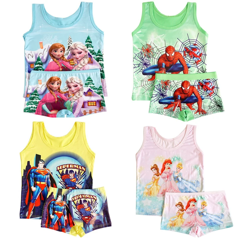 

2019 summer Kids clothes boy spiderman set Children girls beach set Casual girl Milk Silk princess vest + short Pants 7 styles