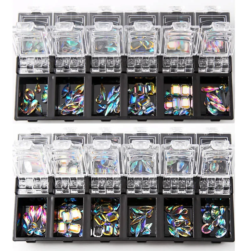 

12 Box/Set 3D Nail Art Colorful Clear Crystal Mixed Size Lady Nails Tips Decals Decoration With Storage Box Container TY99