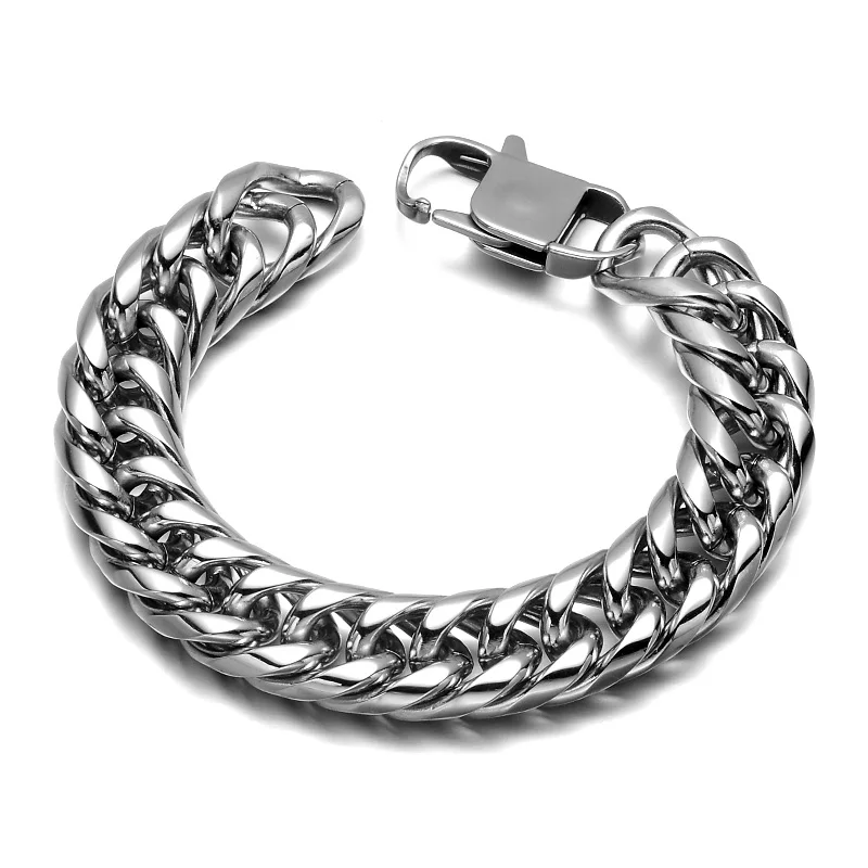 

HIP Hop Stainless Steel Chain & Link Double Round Cuban Bracelets Biker Silver Color Curb Bracelet Bangles for Men Jewelry
