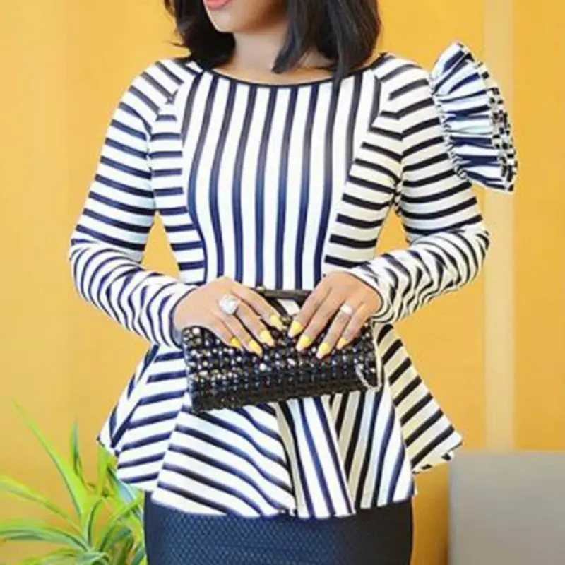 

Stripe Long Sleeve Blouse Women Tops Patchwork 3D Flower Ruffle White Fashion Elegant Slim Spring Casual African Ladies Blouses