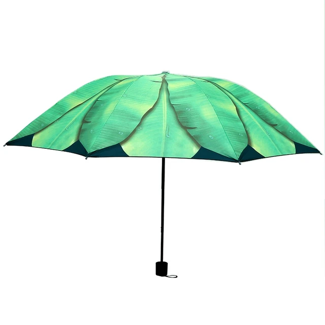 Fresh Banana Leaf Parasol Black Vinyl Umbrella 3 Folding Anti UV Sun