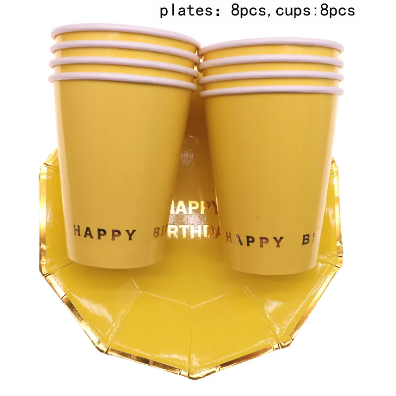 Сплошной цвет фольга золото с днем рождения бумаги пластины одноразовые стаканчики наборы посуды вечерние подарки вечерние поставки для детей - Цвет: 16pcs set