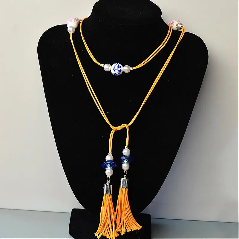 Handmade Beaded Wax Cord Necklace Tiered Layer Beads Tassel Charm