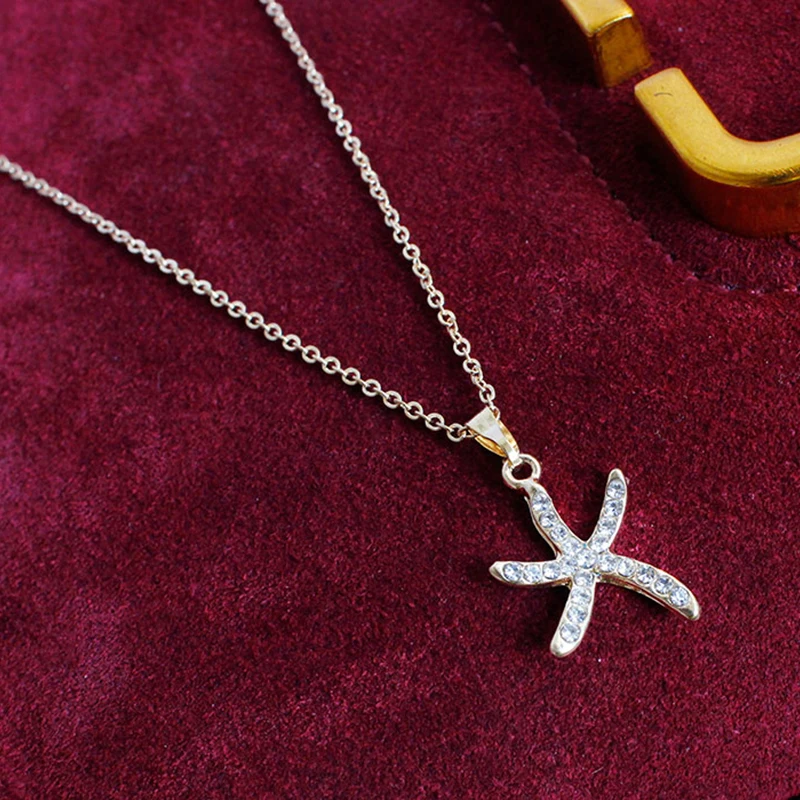 

Fashion Starfish Pendant Charm Necklaces Rhinestone Statement Necklace Crystal Star Jewelry for Women Girls Gift FSPXL57
