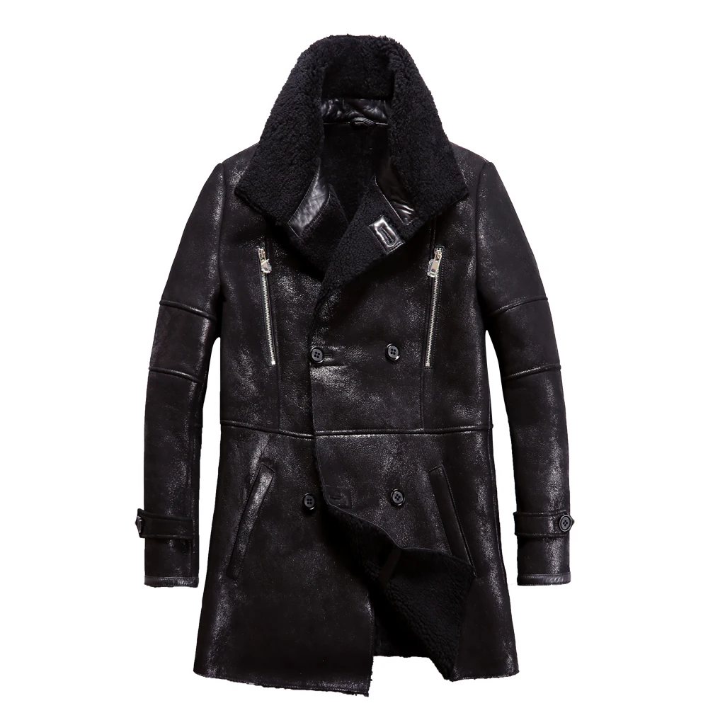 

Popular Real Sheepskin Fur Men Coat Genuine Sheep Shearling Jacket Male Winter Warm Outwear Black Men Fur Overcoat 4XL Big Size
