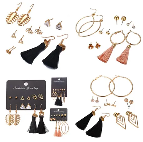 

Long Tassel Stud Earrings Set For Women Girl Bohemia Flower Heart Earring Fabric Female Fashion Jewelry