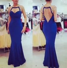 2016 Scoop Flügelärmeln Nixe-abschlussball Kleid Sexy Perlen Sehen durch Zurück Königsblau Prom Party Kleider Robe De Soiree ED193