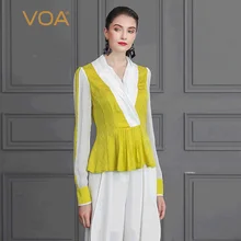Voa шёлковый футболки осенние женские топы с длинными рукавами женские рубашки желтые милые тонкие большие размеры Туника оборки офисные базовые B815