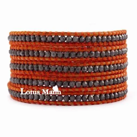 

Lotusmann Gunmetal Indian Bead Wrap Bracelet on Natural Orange Leather