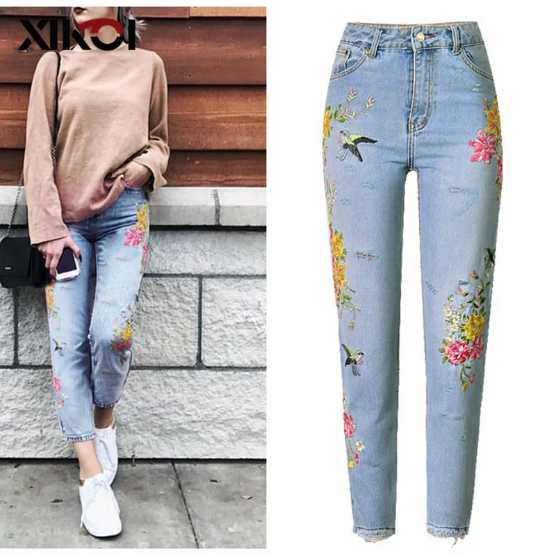 womens jeans with embroidered flowers