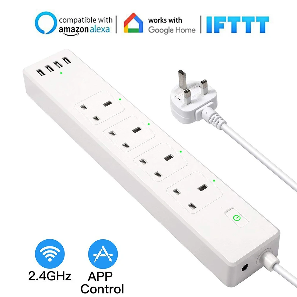 

Smart WiFi Surge Protector With 4 AC UK Outlets 4 USB Smart Power Strip Multi Sockets Voice Control Works with Alexa Google Home