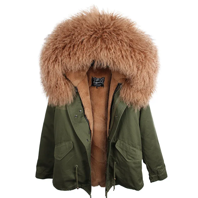 Пальто из натуральной шерсти, зимняя куртка, Женская длинная парка, воротник из натурального меха енота, женская утепленная меховая подкладка с капюшоном, свободная верхняя одежда Z195 - Color: Army green