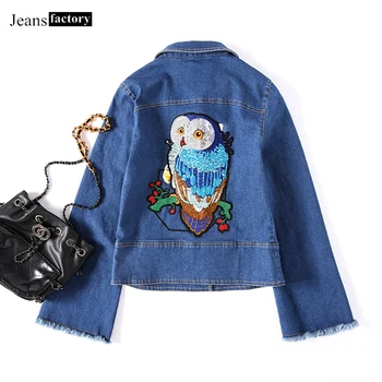 

Outerwear & Coats Denim Jacket Women Embroidered Sequins Cartoon Owl Flare Sleeve Women Jacket Casual Jackets Female Basic Coat
