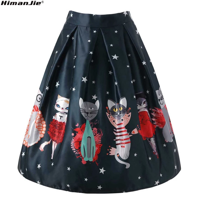 

cute cat&star print skirt vintage Midi Skirts Ball Gown Knee-Length empire Skirt Zipper for party vocation women clothes