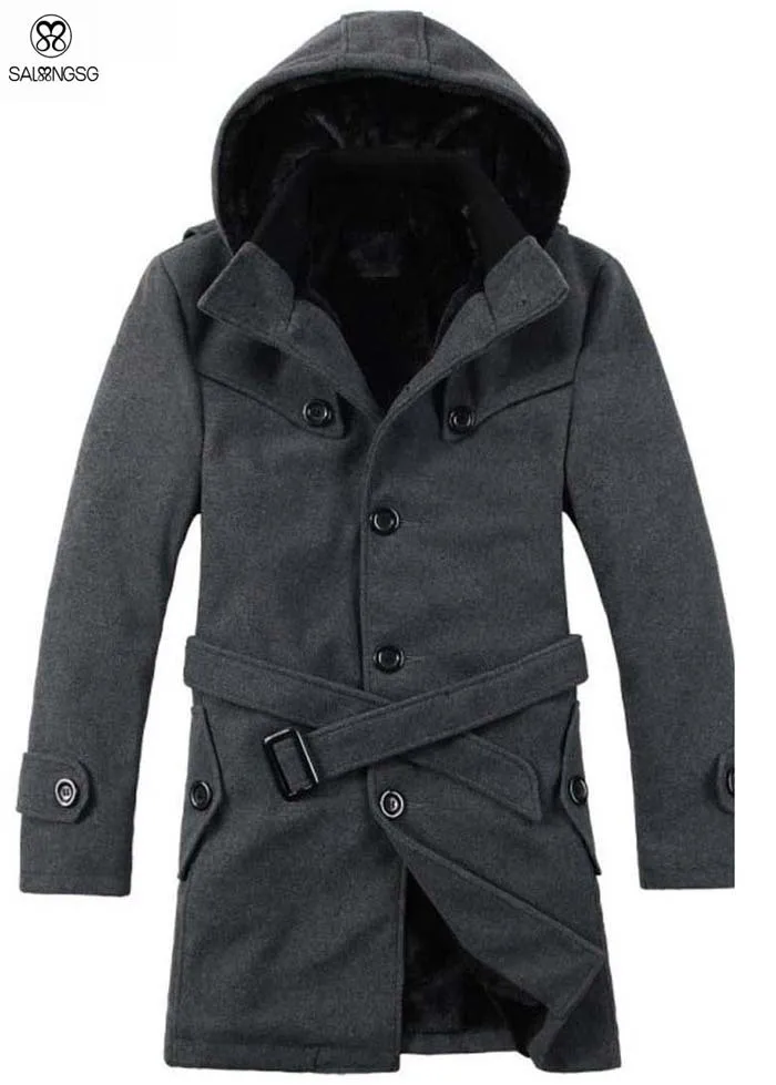 Plus Size Hooded Warm Men Wool Coat M4XL Solid Hooded Long Length Men's Winter Coat Business