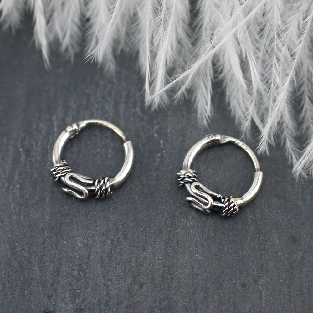 REAL sterling silver OXIDISED Bali Thai 12 mm sleepers hoop Earrings Men Women