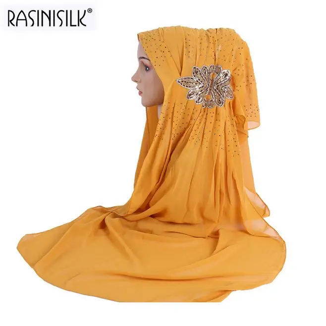Новые женские дизайнерские хиджаб шарфы большая аппликация стразами пузырь шифон мусульманский шарф Ислам платок арабский тюрбан - Цвет: C10 yellow