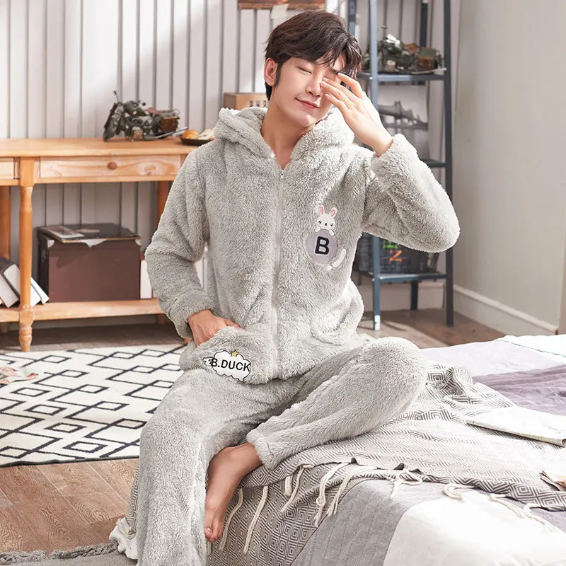 Winter Coral Fleece Couple Cute Cartoon Home Sleepwear Suit Men Warm Hooded Pyjamas Pajama Set Embroidery Rabbit - Цвет: men gray