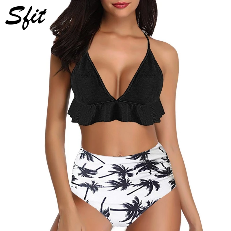 

Sfit 2019 Summer Women Push Up Two Pieces High Waisted Swimsuit Ruffle Print Deep V-neck Bikini Bathing Suit Beachwear Female