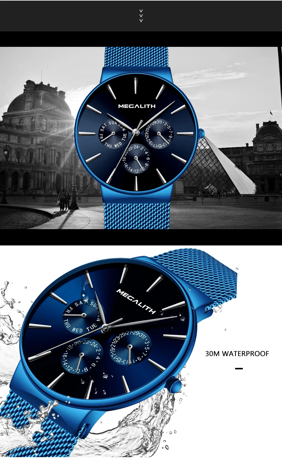 MEGALITH мужские часы с хронографом Новое Поступление Топ бренд класса люкс сетчатый ремешок спортивные водонепроницаемые кварцевые часы для мужчин Reloj Hombre 0047