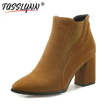 

TASSLYNN 2018 Women Ankle Boots Elastic Band Winter Shoes Square Heels Fashion Autumn Slip on High Heels Ladies Shoes Size 34-43