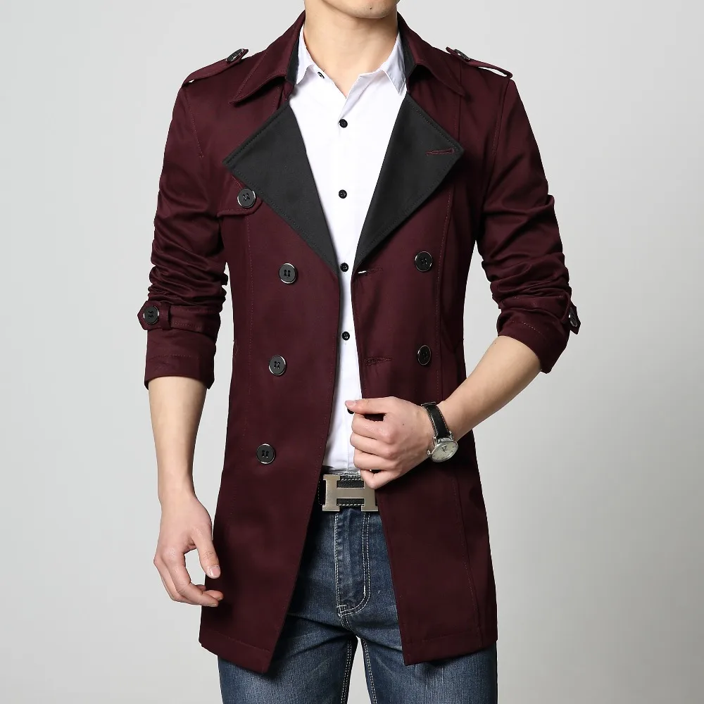 mens trench coat cotton overcoat new 2017 red khaki blue light trench coat mens