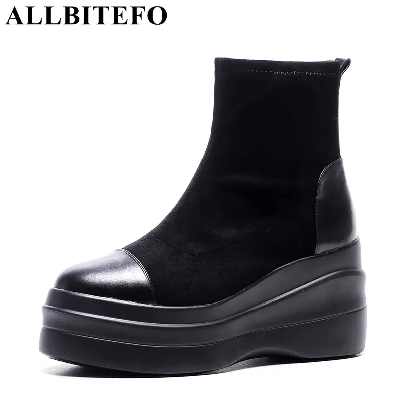 

ALLBITEFO genuine leather+flock high heels platform women boots wedges heel winter boots fashion short ankle boots bota de neve