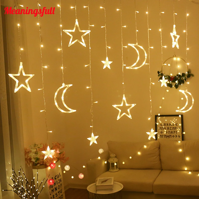 

Drop Shipping 3.5M Moon and Star Led Curtain String Lights 220V Christmas Fairy Garlands For Party New Year Holiday Decoration