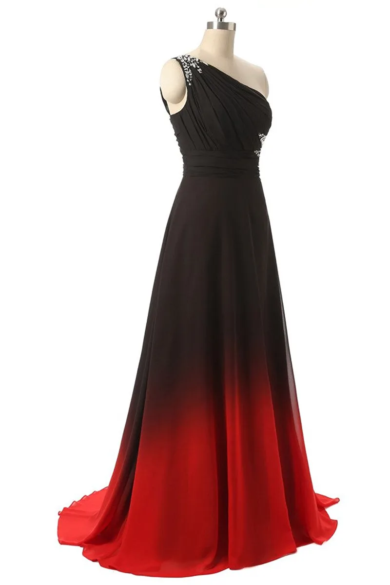 2019 New Long Prom Dress One Shoulder Blackred Gradient Chiffon