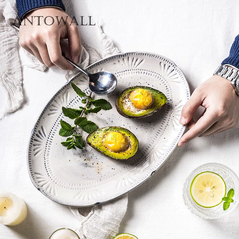 

ANTOWALL Nordic ceramic tableware oval dinner plate simple embossed flat plate 12 inch Western large fish dish louvre series