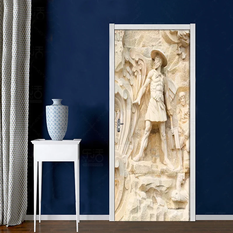 

3D Embossed Retro Portrait Door Stickers Wallpaper Bedroom Living Room Door Decor 3D Decals PVC Self-adhesive Waterproof Mural