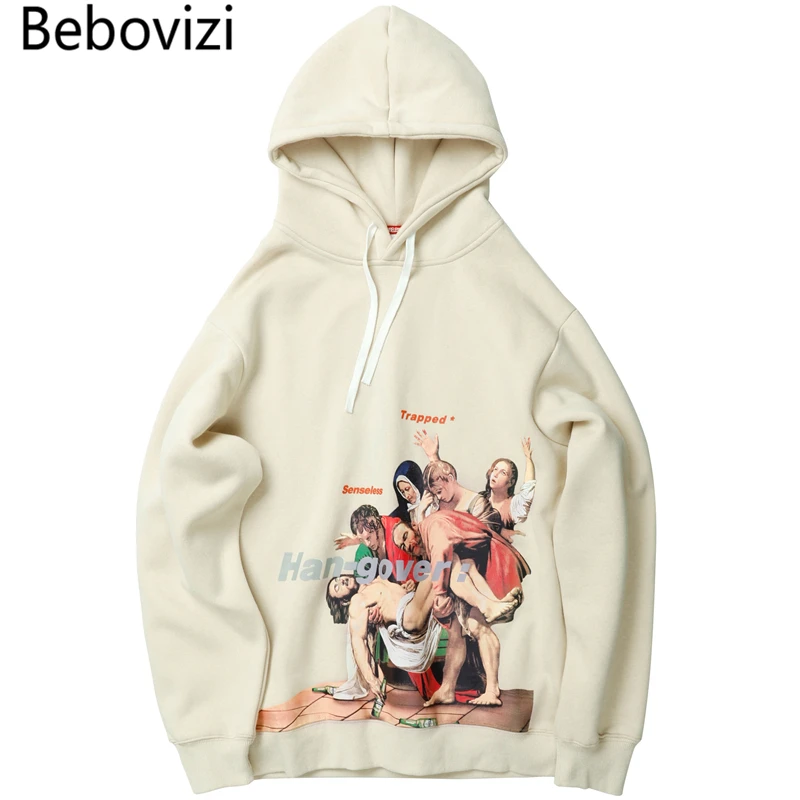 Bebovizi Harajuku Hip Hop drôle Entombment de Christ peinture impression pull à capuche hommes Streetwear abricot Hoodies Sweatshirts