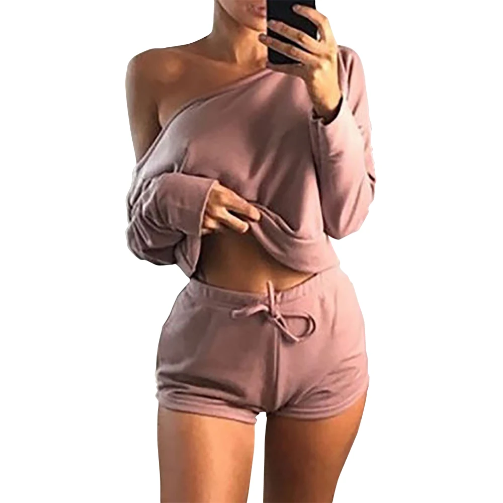 

Summer 2019 Sexy Women Two Pieces Slash Neck Hoodies Tops Cotton Drawstring Shorts Lady Spring Casual Suit Plus Size Mujer GV366