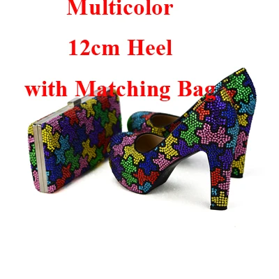 Разноцветная Свадебная обувь ручной работы на не сужающемся книзу массивном каблуке с клатчем; женские модельные туфли с сумочкой в комплекте - Цвет: Multi 12cm with Bag