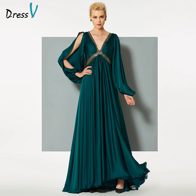 Dressv blue green long evening dress v neck