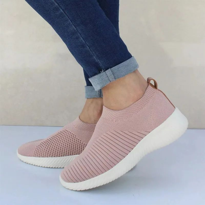 PUIMENTIUA/женские вязаные вулканизированные тапочки плоские туфли без шнуровки; сетчатые кроссовки на плоской подошве; Повседневная легкая дышащая обувь - Цвет: Pink