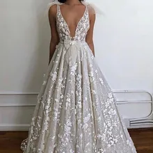 Сексуальное свадебное платье с глубоким v-образным вырезом и открытой спиной, 3D Флора,, блестящие кружевные аппликации цвета слоновой кости с блестками, пляжные свадебные платья с бантом