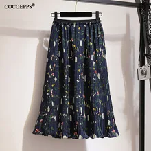 Женская летняя юбка с цветочным рисунком большого размера, Свободная шифоновая плиссированная юбка в стиле бохо Ретро, Женская юбка трапециевидной формы с высокой талией и принтом
