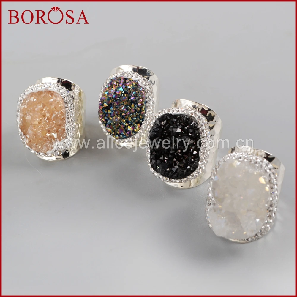 BOROSA 5/10 шт. новые Гальванические Радуга Druzy звенит горный хрусталь проложить Титан Druzy Серебряное кольцо украшения для Для женщин JAB939