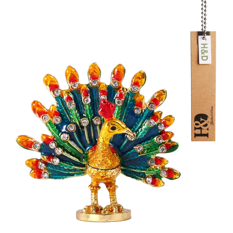 

H&D Male Peacock Figurine Box Bird Jewelry, Peacock Jewelry Trinket Box Figurine Keepsake or Pill Box