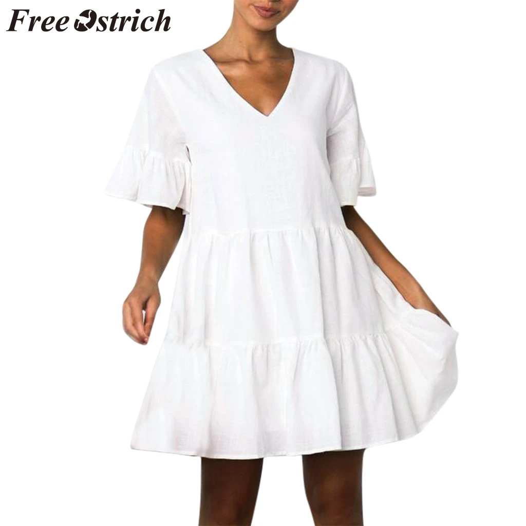 

FREE OSTRICH Women Dress Solid Color Simplicity V-Neck Pleated White Moving Noble Trend Elegant Summer New Arrival Short Dress