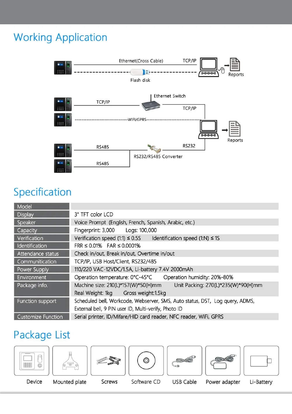 Рекордер с TCP/IP WiFi RS232/RS485/посещаемость времени со сканером отпечатков пальцев