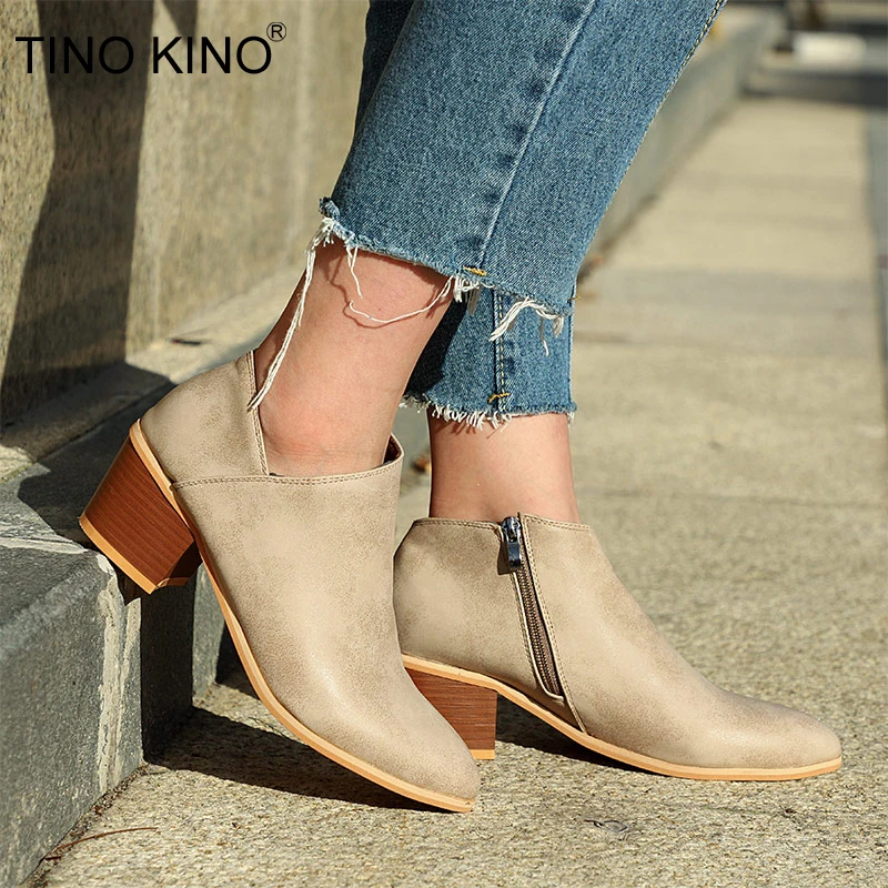 

TINO KINO Women Round Toe Zip 2019 Ankle Boots Plus Size Spring Fashion Comfortable Shallow Chunky Med Heels Female Casual Shoes