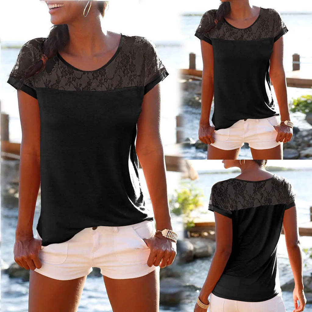 

MUQGEW Casual Shirt Womens Tops Bohemian High Quality Lace Patchwork Breathable Solid HOT Sell Fashion Womens Tops Black S-XL