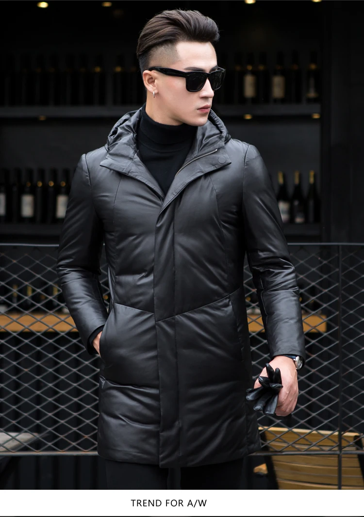 Batmo Новое поступление зимняя высококачественная длинная мужская куртка из овечьей кожи с капюшоном, теплое Мужское пальто из натуральной кожи