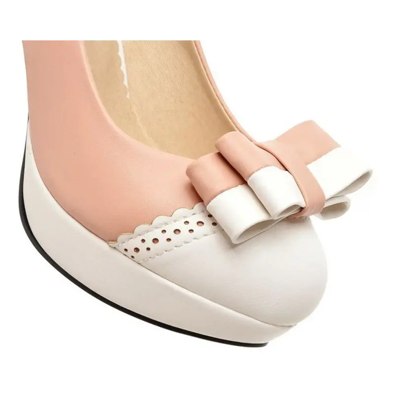 TAOFFEN Plus Size 32-43 Women Pumps Sweet Bowtie High Heels Shoes Women Vintage Chunky Party Wedding Dress Shoes Prom Footwear